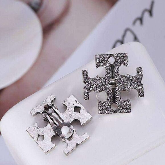 NWOT Tory Burch Silver T Logo Large  Crystal Clip-On Earrings - Picture 2 of 5